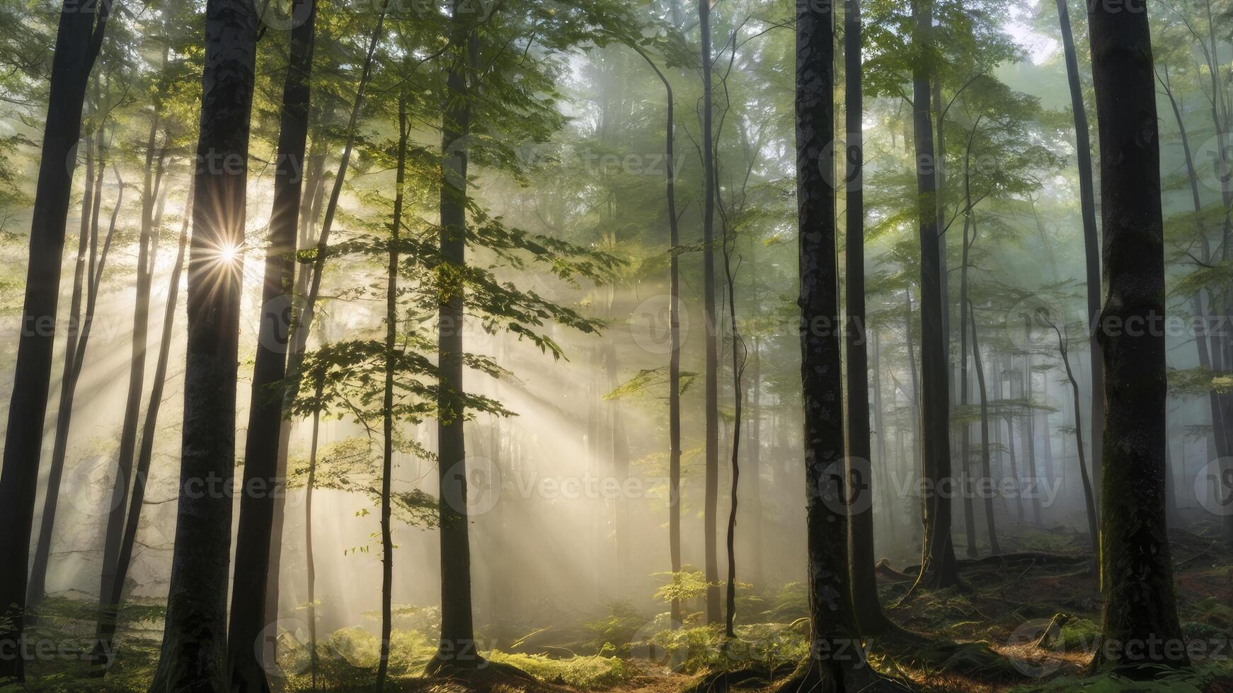 Sunlight Shining Through Foggy Forest Canopy Creating a Mystical Scene photo