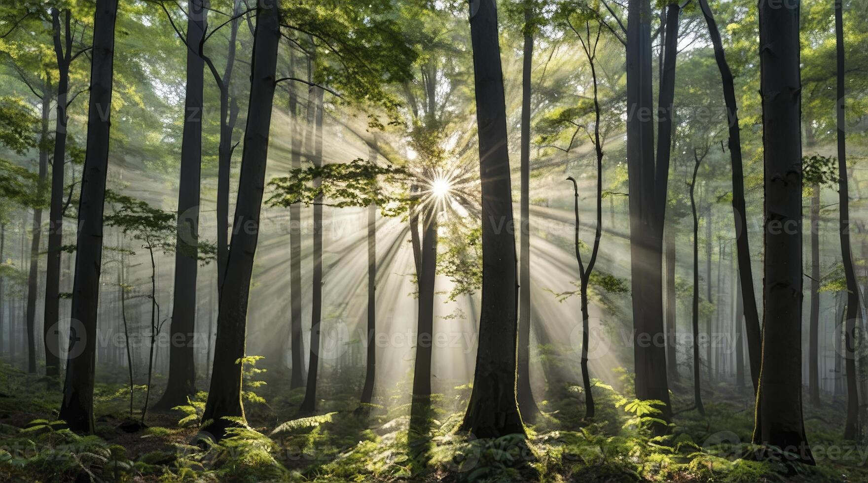 Sun Rays Shining Through Forest Trees Creating a Magical Atmosphere photo