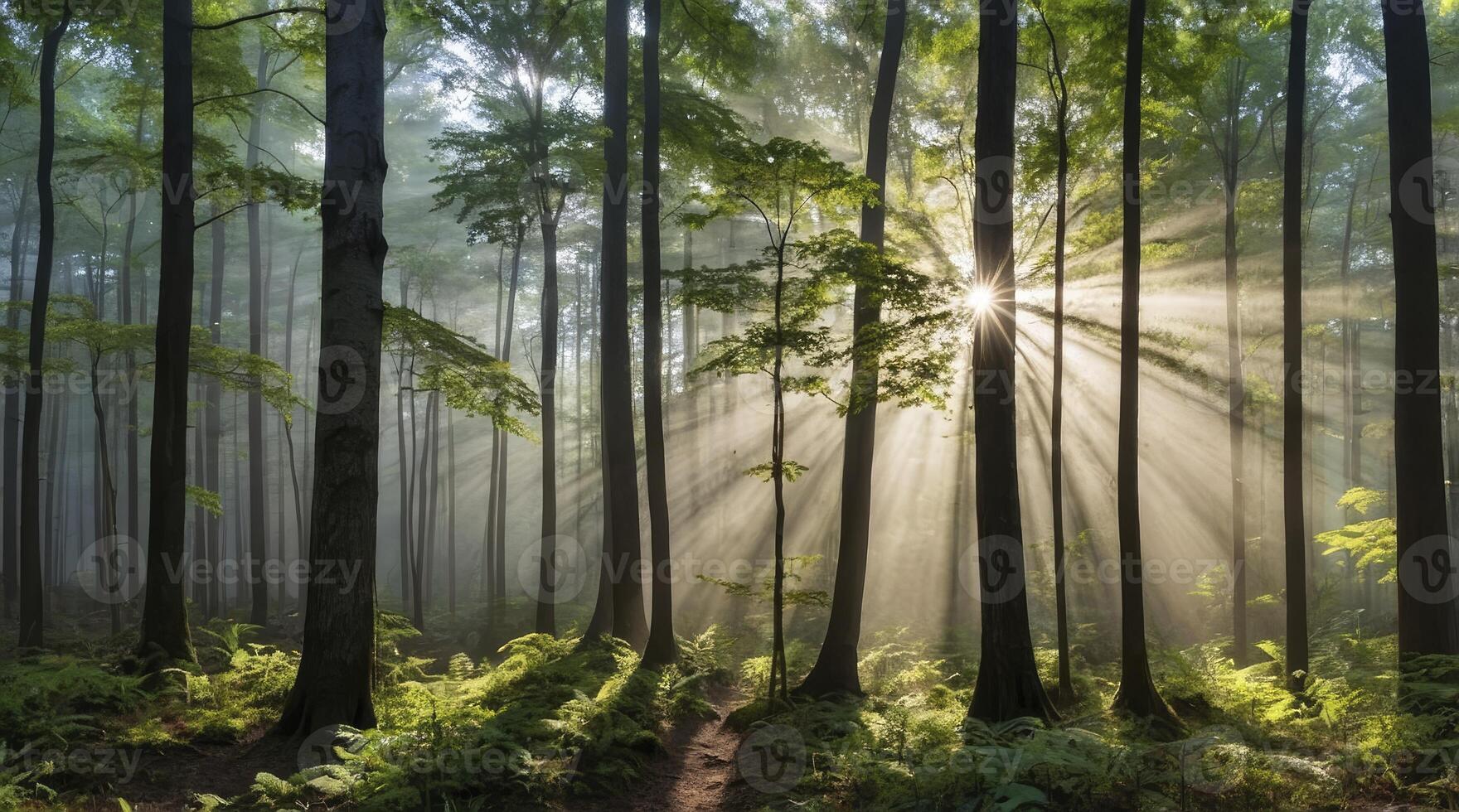 Sun Rays Shining Through Foggy Forest with Ferns and Tall Trees photo