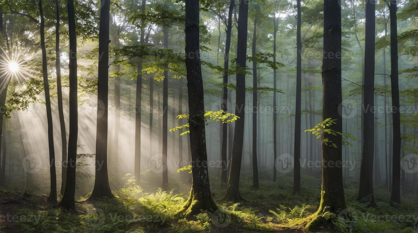 Sun Rays Through Woodland Trees Creating a Magical Forest Scene photo