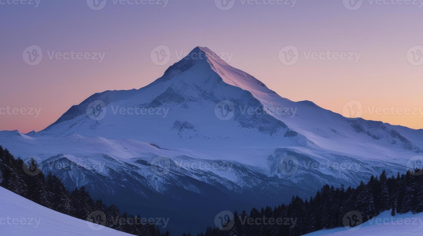 Snowy Mountain Peak Landscape at Dusk with Evergreen Trees photo