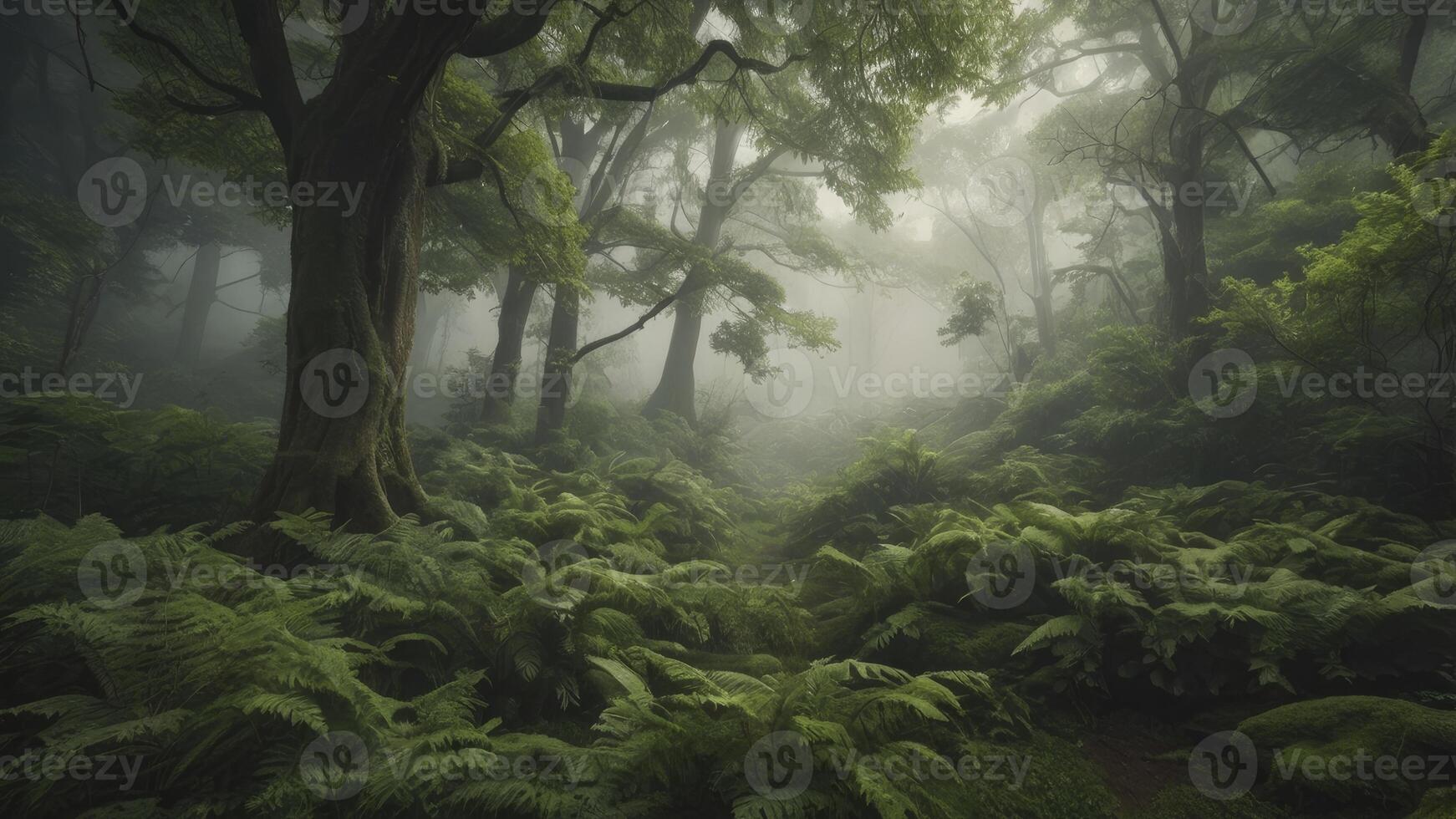 Foggy Forest Scene with Ferns and Trees Creates Mysterious Ambiance photo