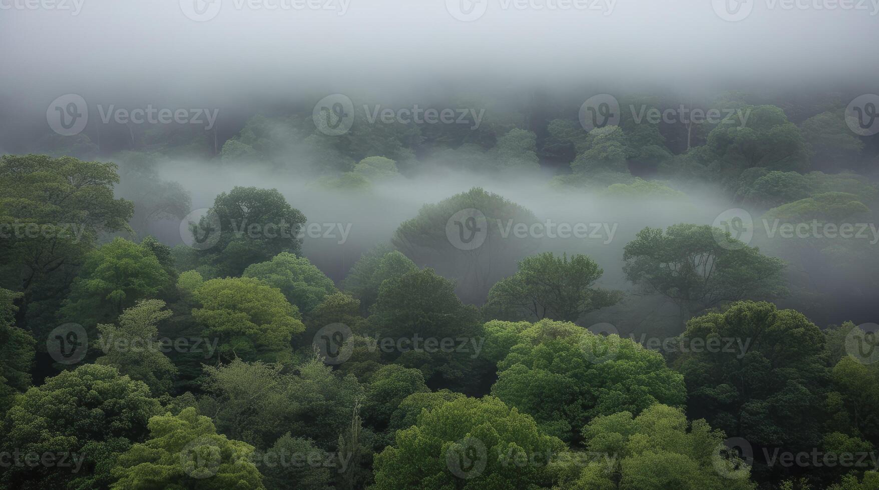 Overhead View of Misty Forest with Green Trees and Foggy Sky photo