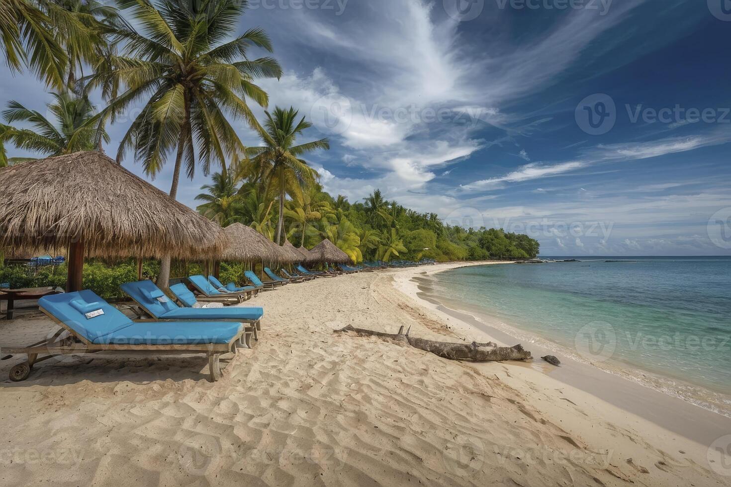 Relaxing Beach View with Lounge Chairs Palm Trees and Tropical Scenery photo