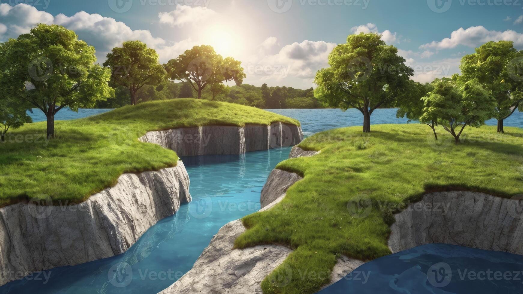 Idyllic Landscape with River, Grass Islands, and Trees Under Bright Sky photo