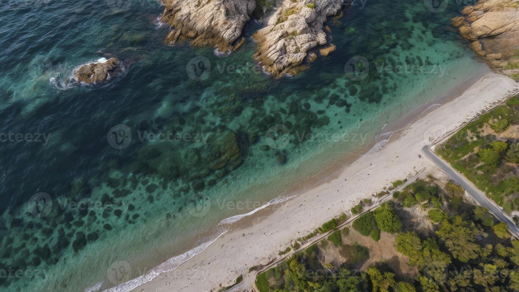 Aerial View of Turquoise Ocean Beach with Rocks and Forest photo