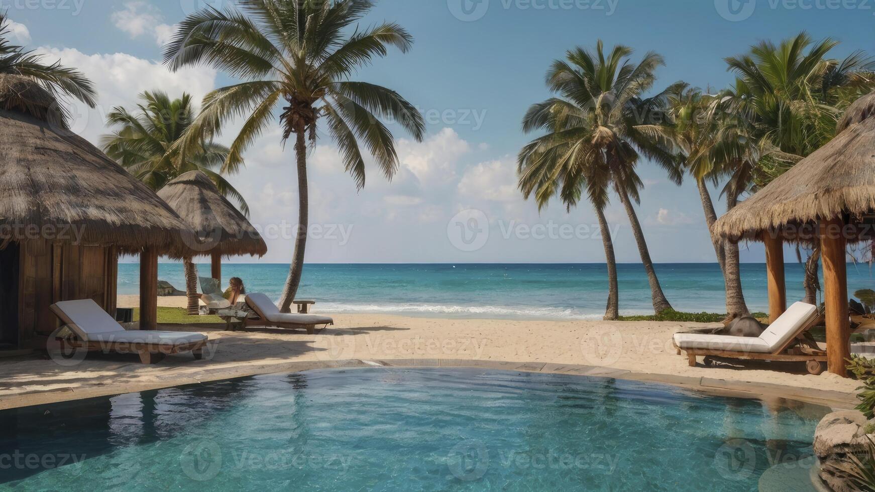 Tropical Beach Resort with Swimming Pool and Palm Trees Relaxing Vacation photo