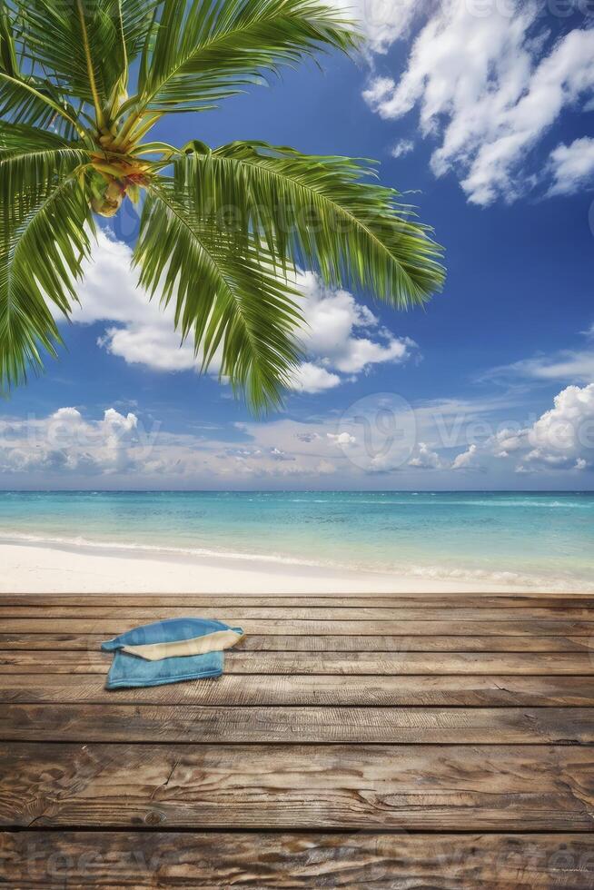 Relaxing at Tropical Beach with Palm Tree and Wooden Pier photo