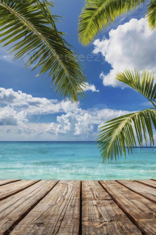 Tropical Beach View with Palm Trees Turquoise Ocean and Wooden Pier photo