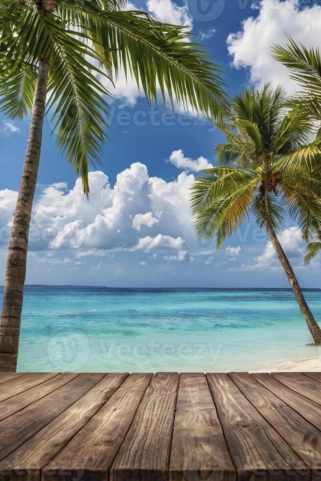 Tropical Beach with Palm Trees and Turquoise Ocean View From Deck photo