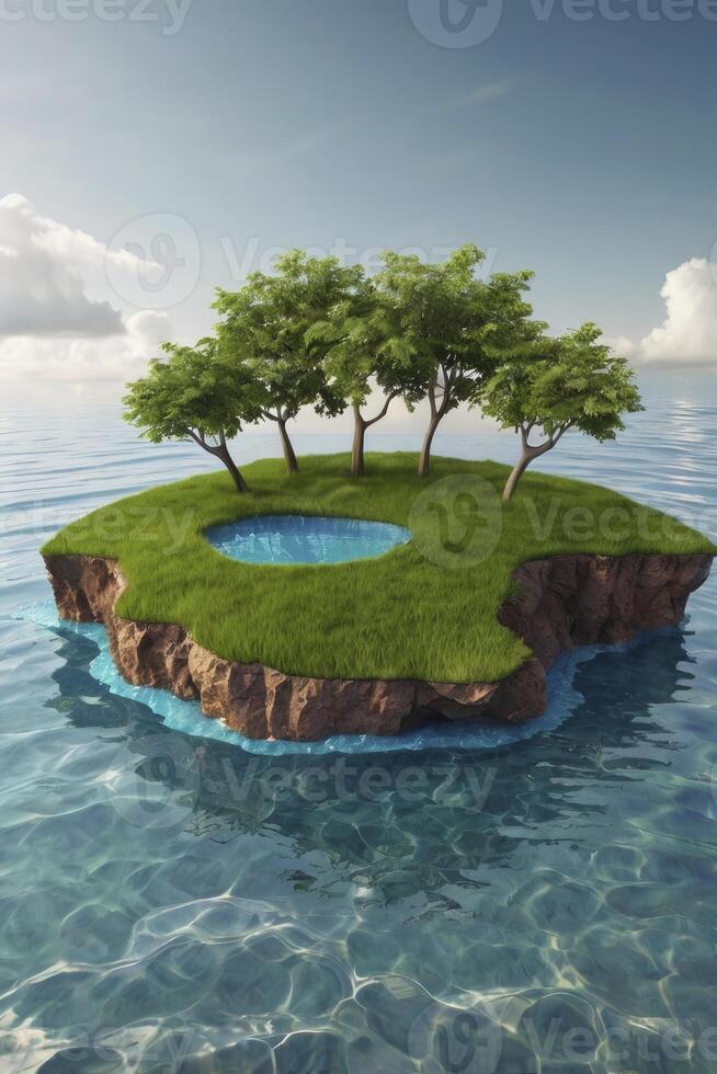 Floating Island with Trees and Pond in Ocean Water Fantasy photo