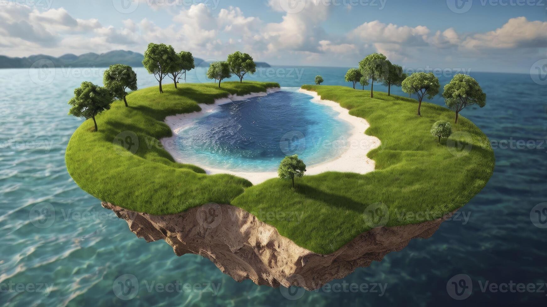 Floating Island with Trees and Lagoon Surrounded by Sea Water photo
