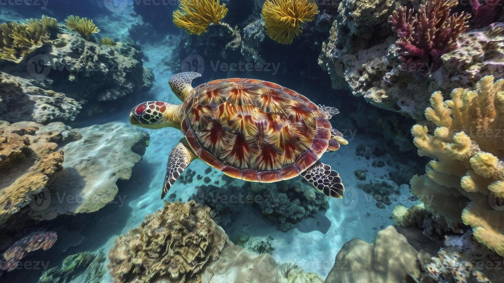 Sea Turtle Swimming Underwater Among Vibrant Coral Reef Formations Gracefully photo