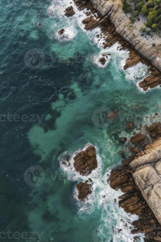Aerial View of Ocean Waves Crashing Against Rocky Coastline with Green Water photo