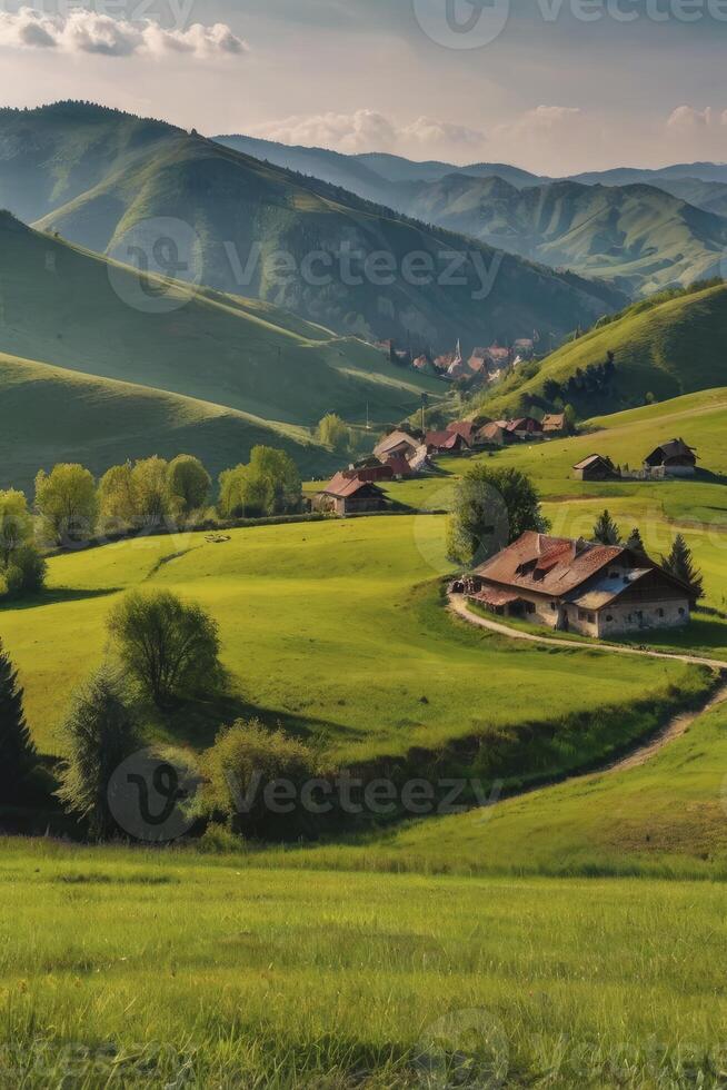 Idyllic Village in Green Valley with Rolling Hills and Cottages photo