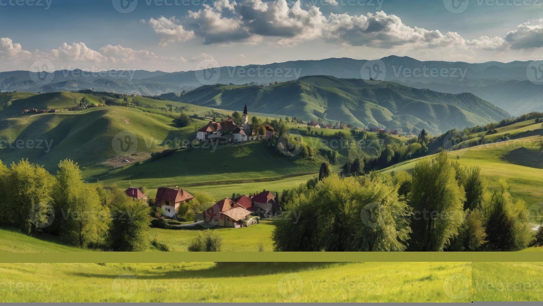 Idyllic Village on Rolling Green Hills Under a Bright Blue Sky photo