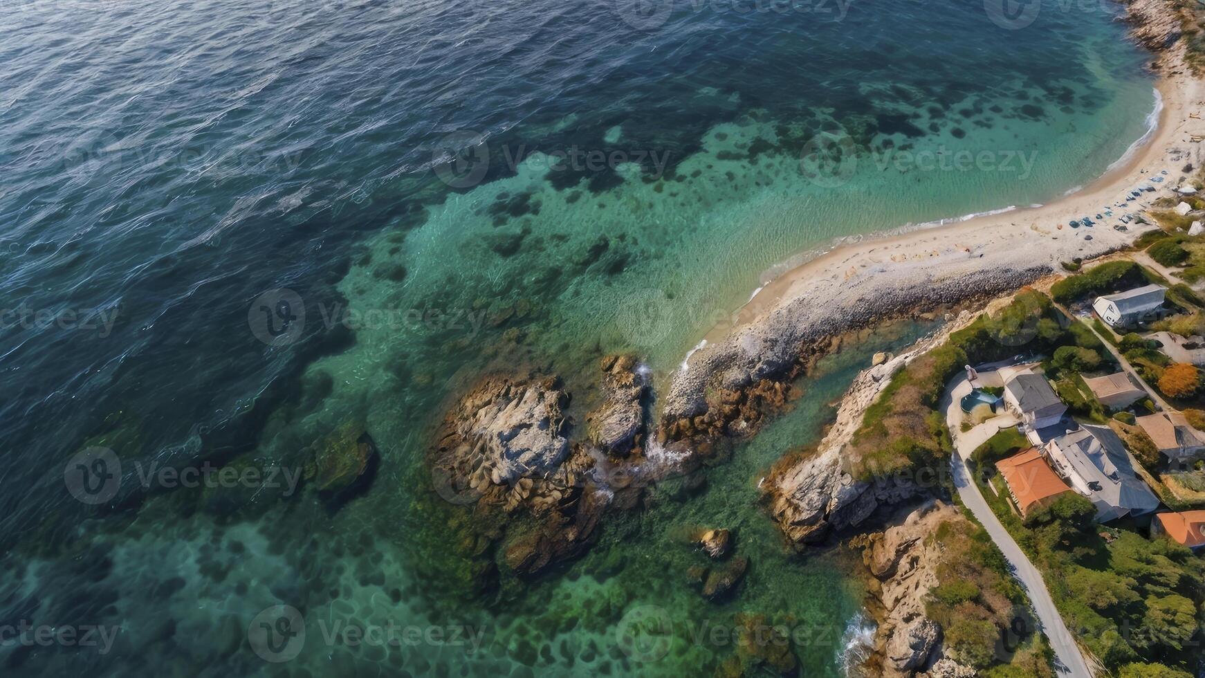Aerial View of Coastline with Clear Water and Beach in Summer photo