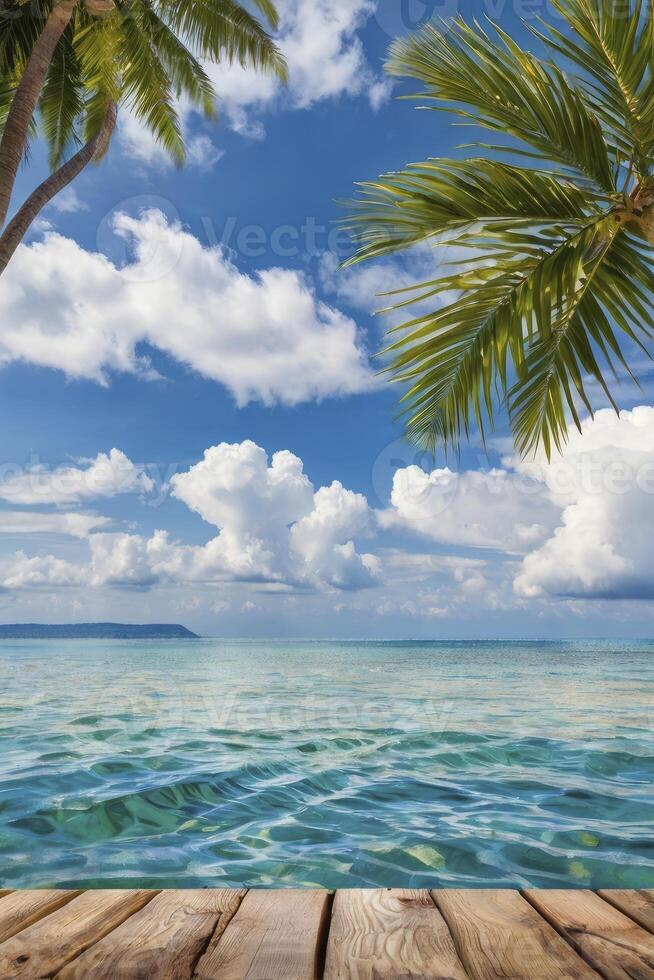 Tropical Beach Paradise View with Blue Sky Palm Trees and Turquoise Water photo