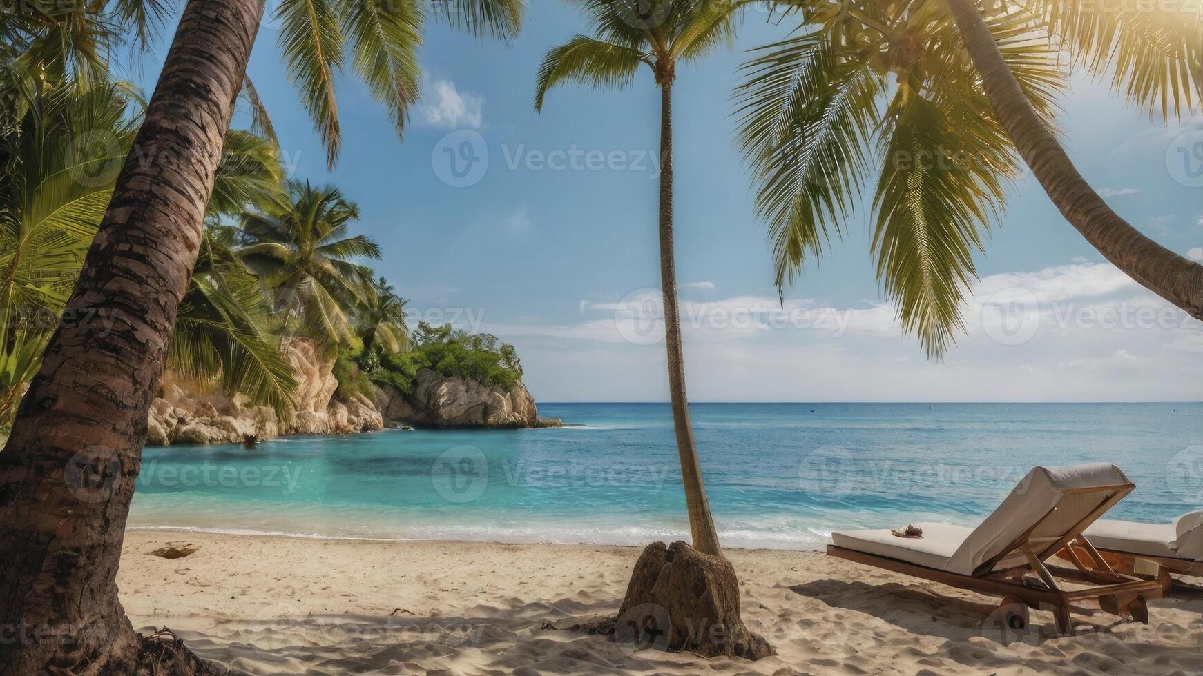Relaxing Tropical Beach Scene with Palm Trees and Turquoise Water photo