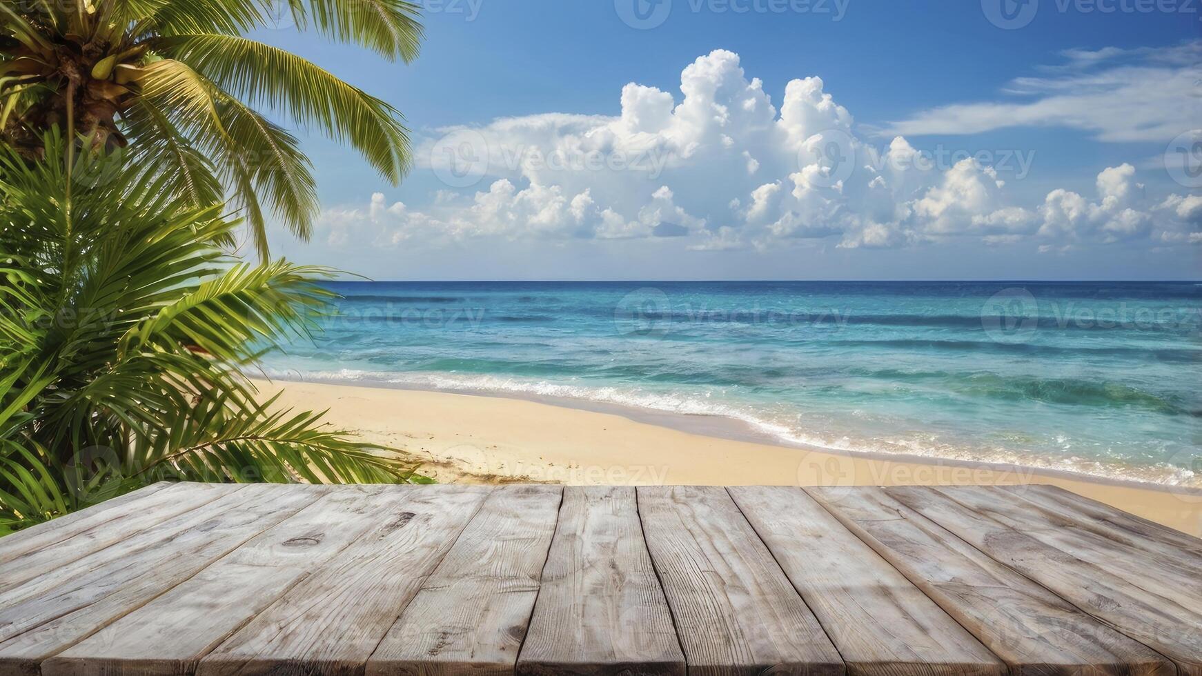 Tropical Beach View From Wooden Deck with Palm Tree and Blue Sea photo
