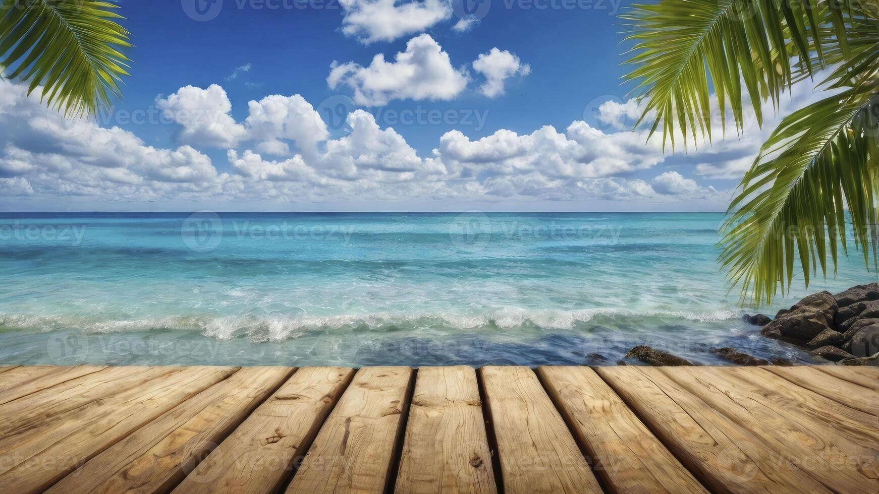 Tropical Beach Scene with Wooden Dock and Palm Leaves Holiday Paradise photo