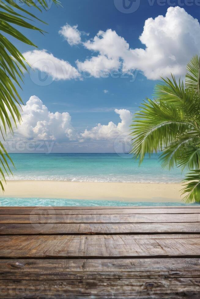 Relaxing Tropical Beach Scene with Wooden Deck Palm Trees and Turquoise Water photo