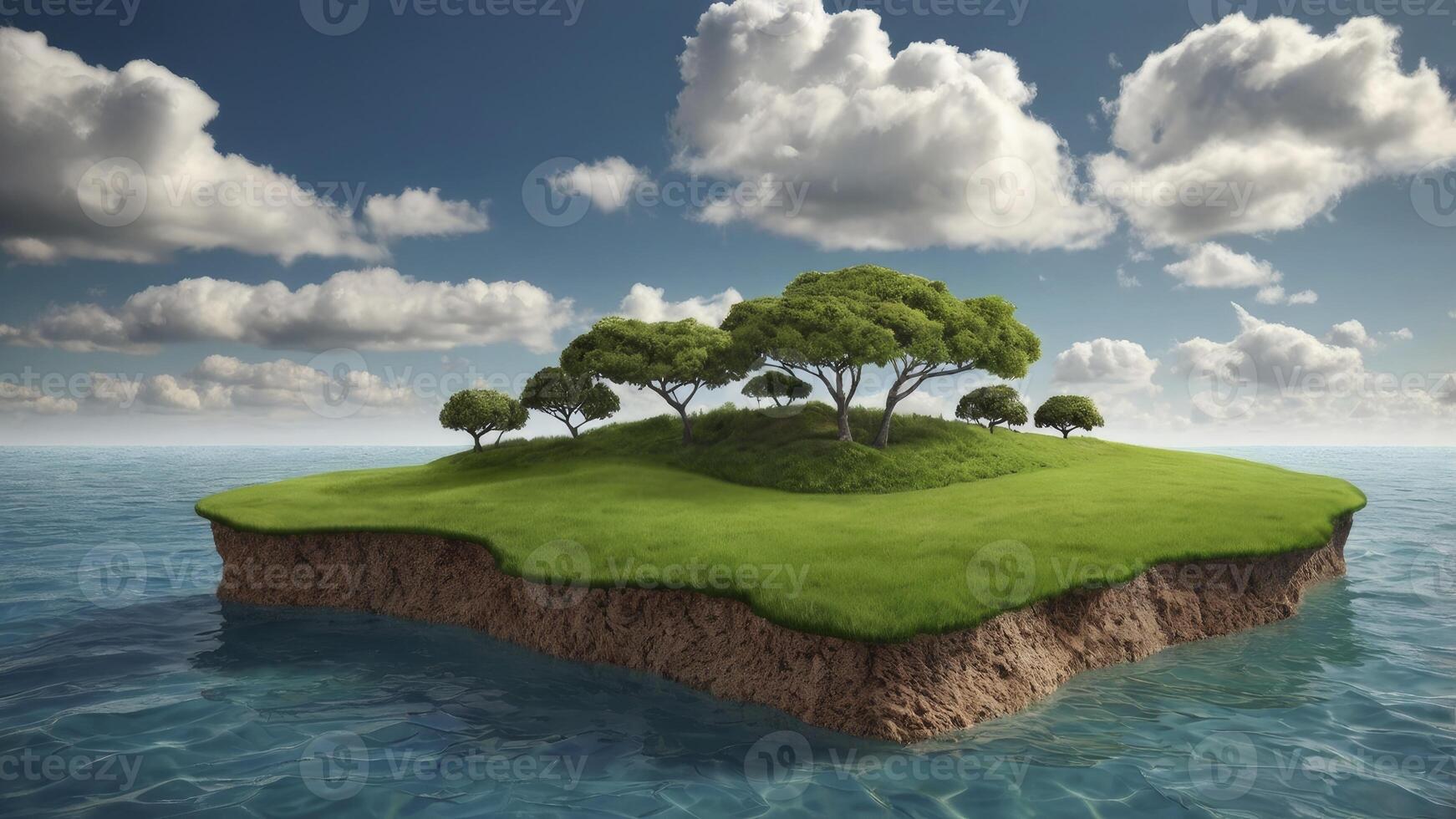 Green Island Floating in the Ocean Under a Cloudy Blue Sky photo