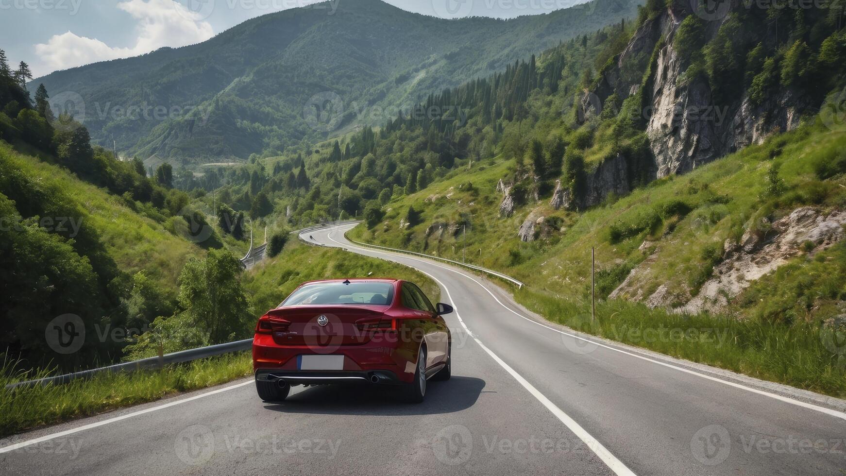 Driving Red Car on Scenic Mountain Road for Adventure Travel photo