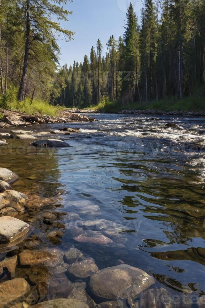 Flowing River Through Green Forest Landscape with Rocks and Clear Water photo