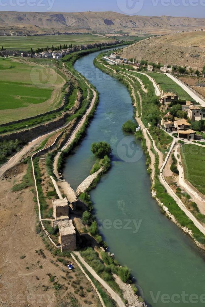 Aerial View of River Winding Through Green Valley and Rural Landscape photo