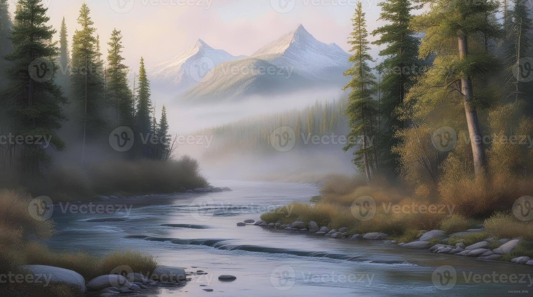 River Flowing Through Forest with Fog and Mountains in the Background photo