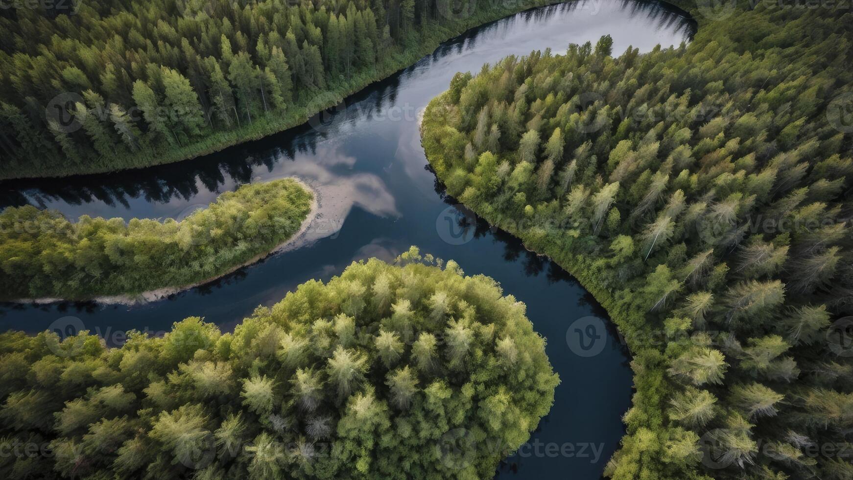 River Winding Through Lush Green Forest Viewed From Above on Overcast Day photo