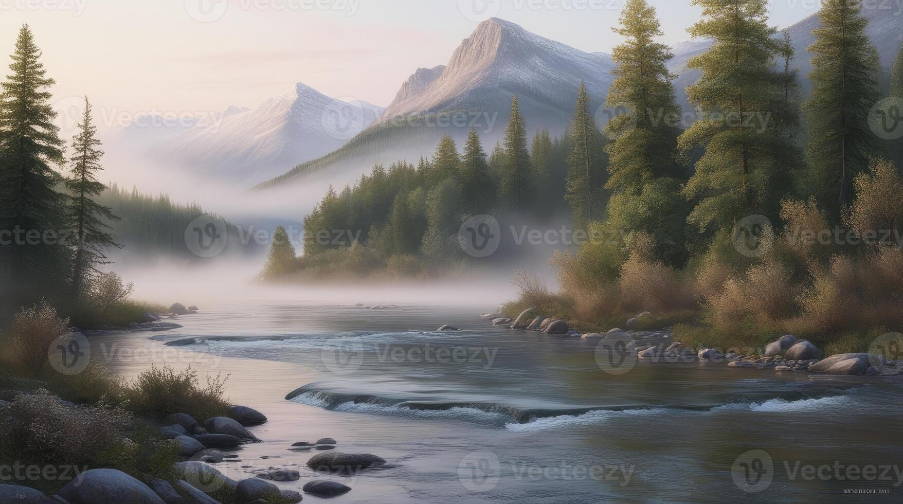 River Flowing Through Mountain Landscape with Fog and Evergreen Trees photo