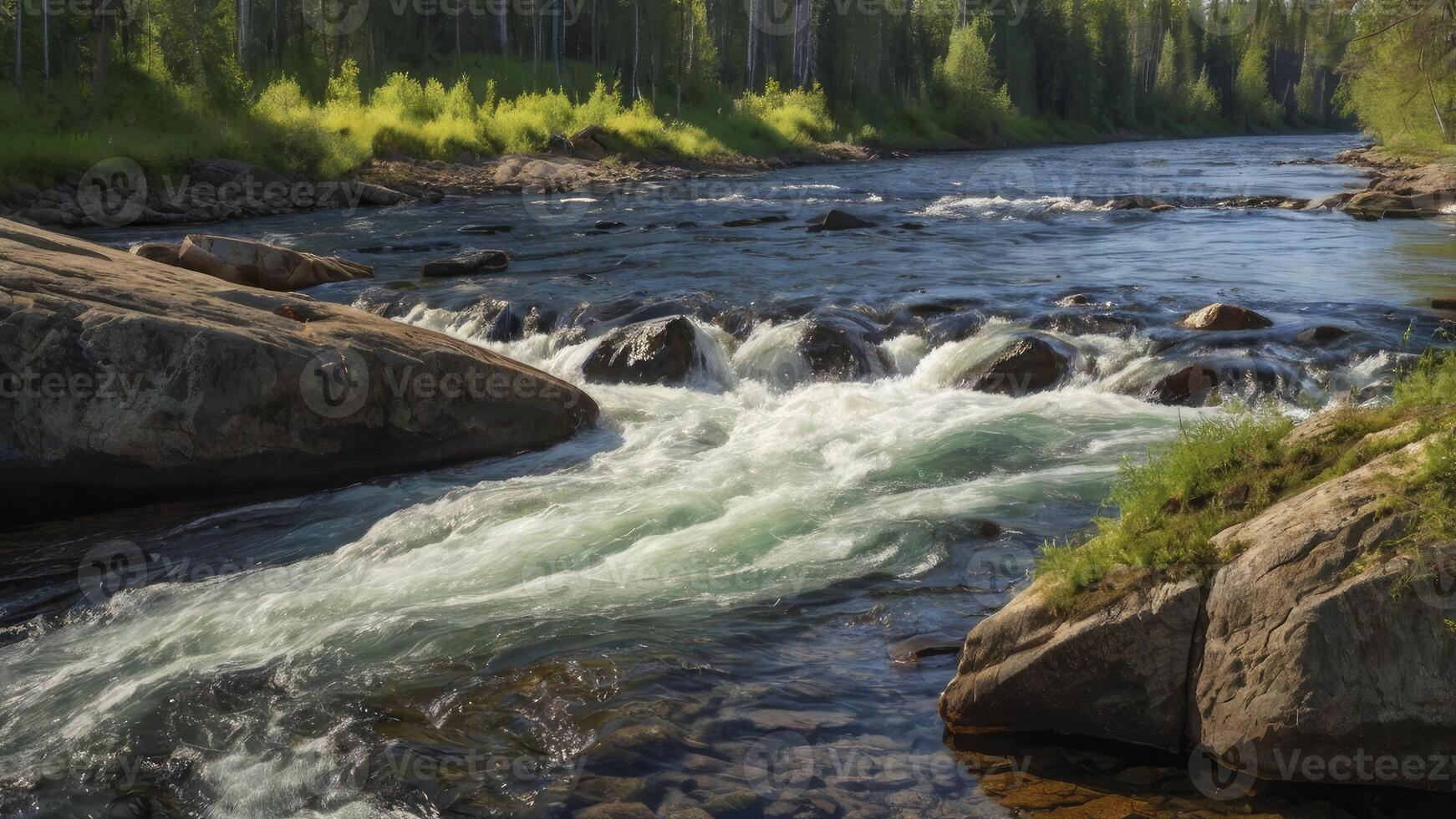 River Flowing Over Rocks Through Forest Landscape in Summer Scenery photo