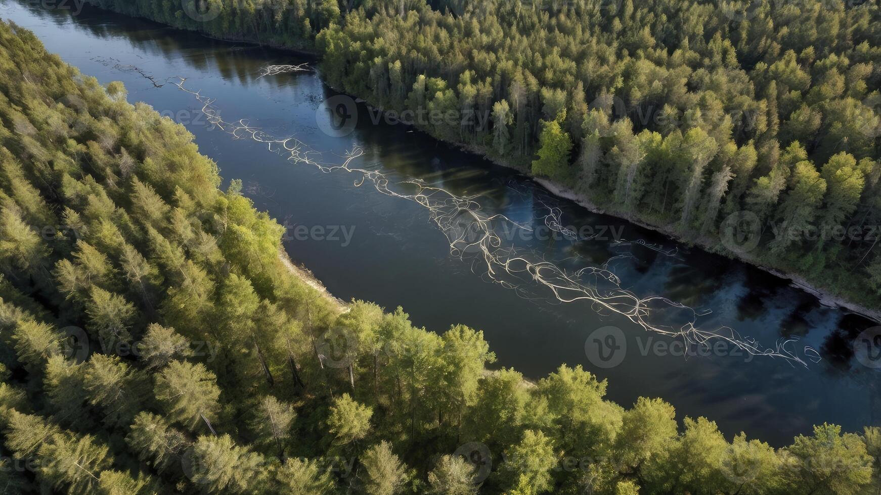 Aerial View of Forest River with Tree Branches Floating Downstream photo
