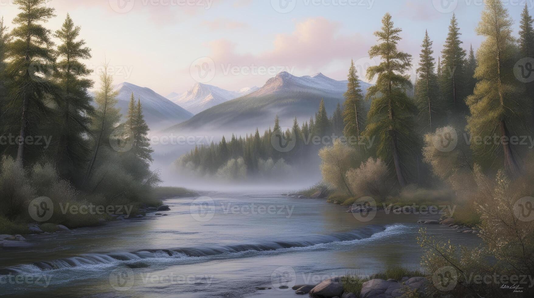 Flowing River Through Forest Landscape with Misty Mountains in Distance photo
