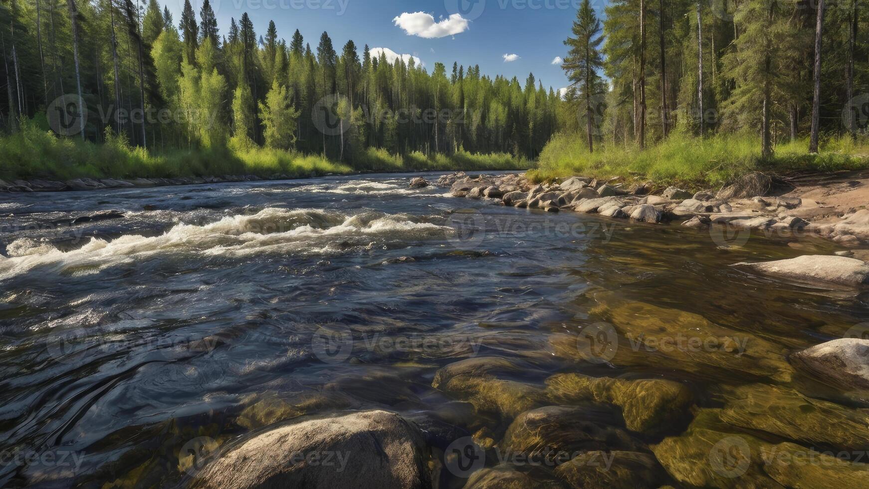 A river flowing through a forest with rocks and trees photo