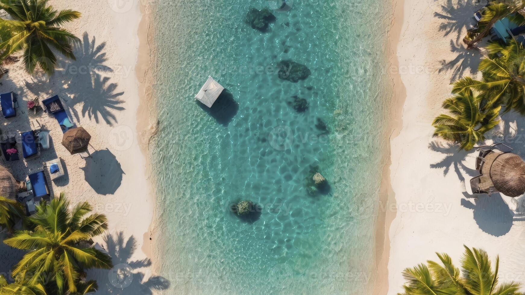 An aerial view of a tropical beach with palm trees photo