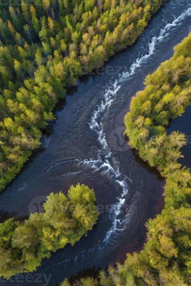 Aerial View of River Flowing Through Forest Scenic Landscape Image photo