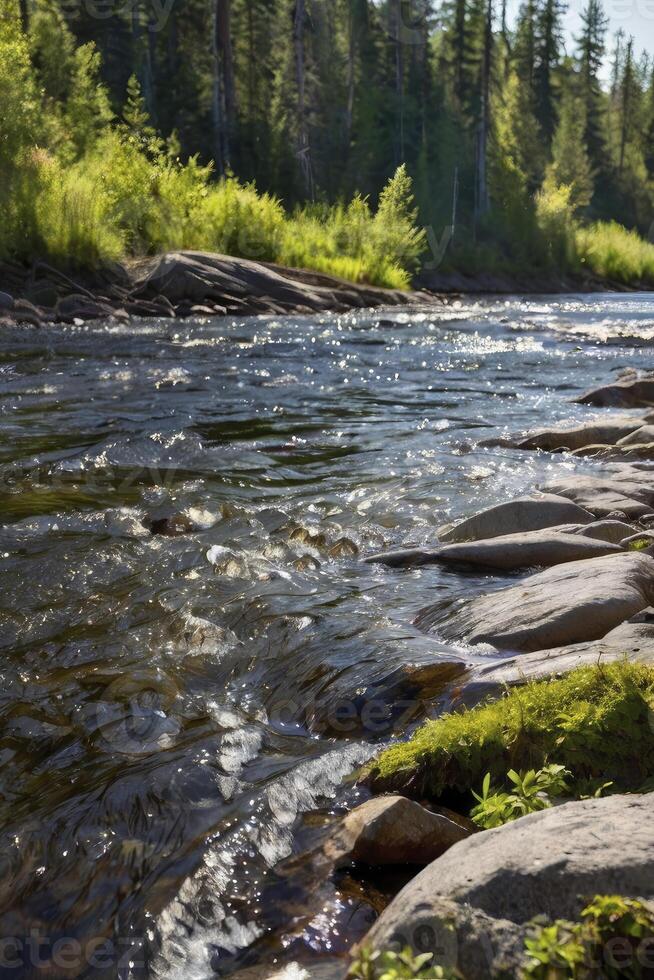 Scenic River Flowing Through a Forest with Rocks and Lush Greenery photo