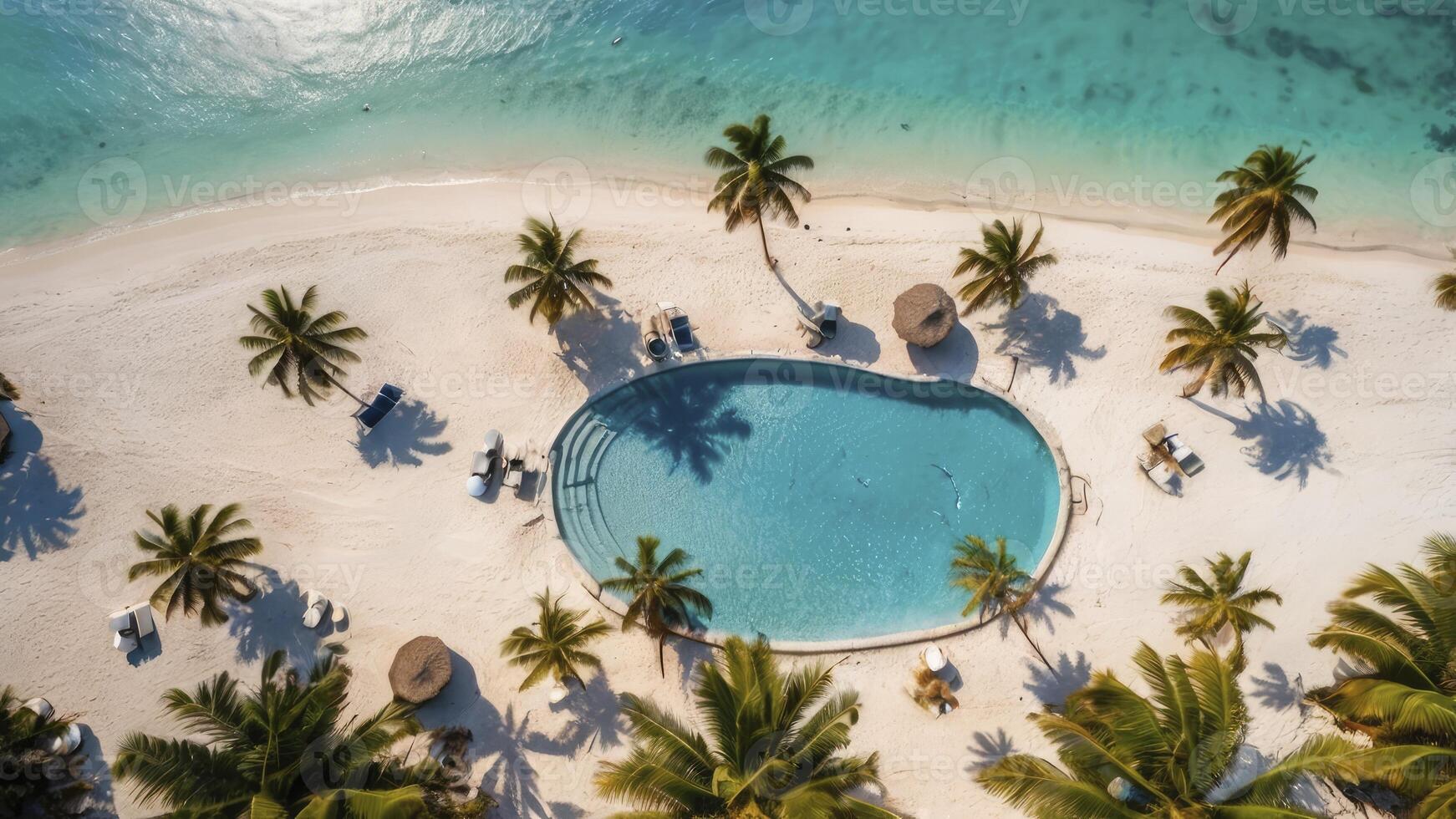 Aerial View of Tropical Resort with Pool Palm Trees and Sandy Beach photo