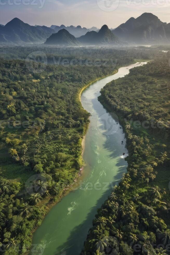 River Flowing Through Lush Green Jungle with Distant Mountain Views photo