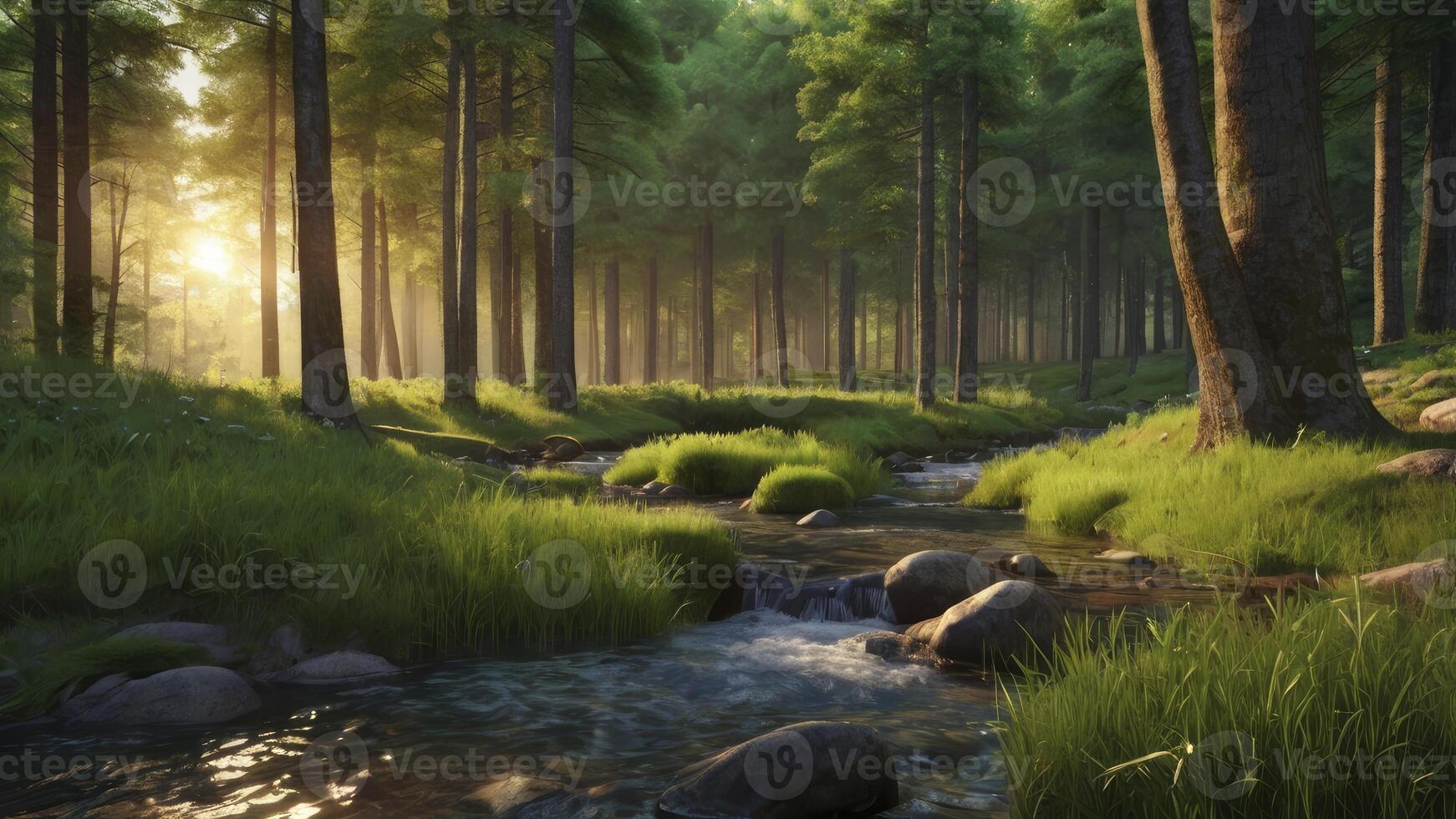 Flowing Stream Through Forest at Sunrise with Lush Green Vegetation photo