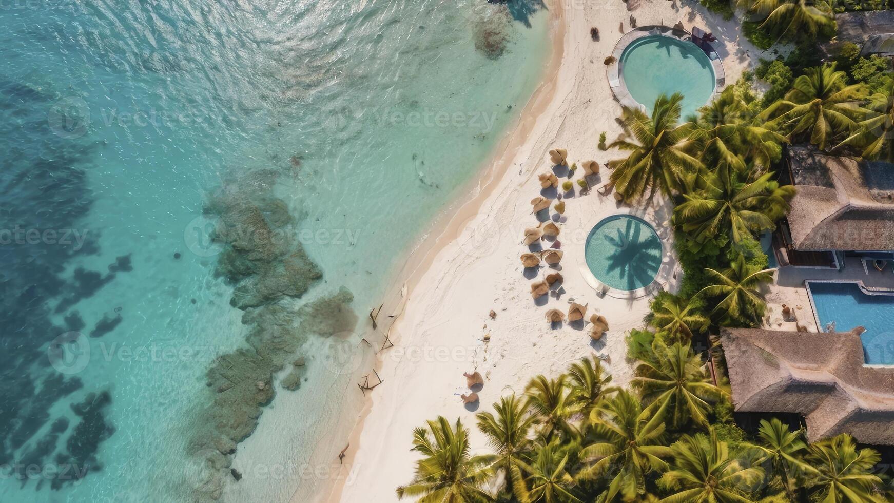 An aerial view of a tropical beach with palm trees photo