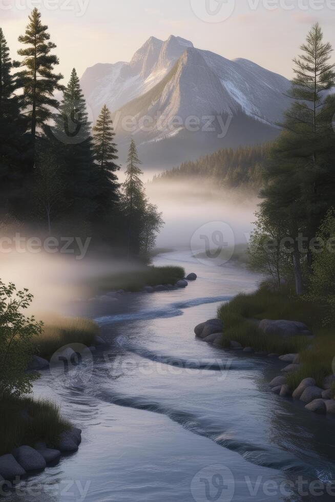Foggy River Flowing Through Mountain Landscape with Evergreen Trees photo