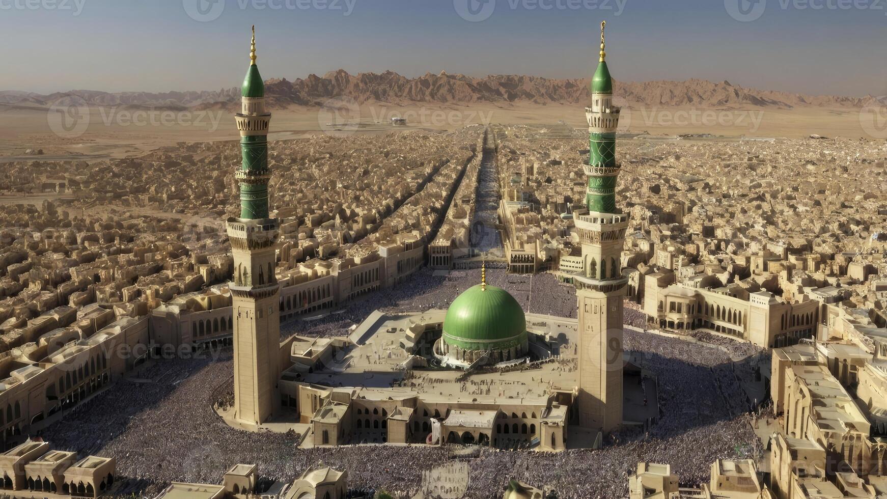 Aerial View of Al-masjid An-nabawi with Cityscape and Desert Backdrop photo