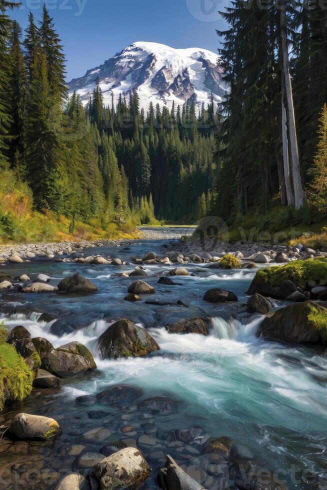Flowing River and Mountain Landscape with Forest in the Background photo