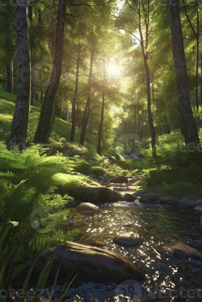 Stream Flowing Through Forest with Lush Greenery and Sunlight photo
