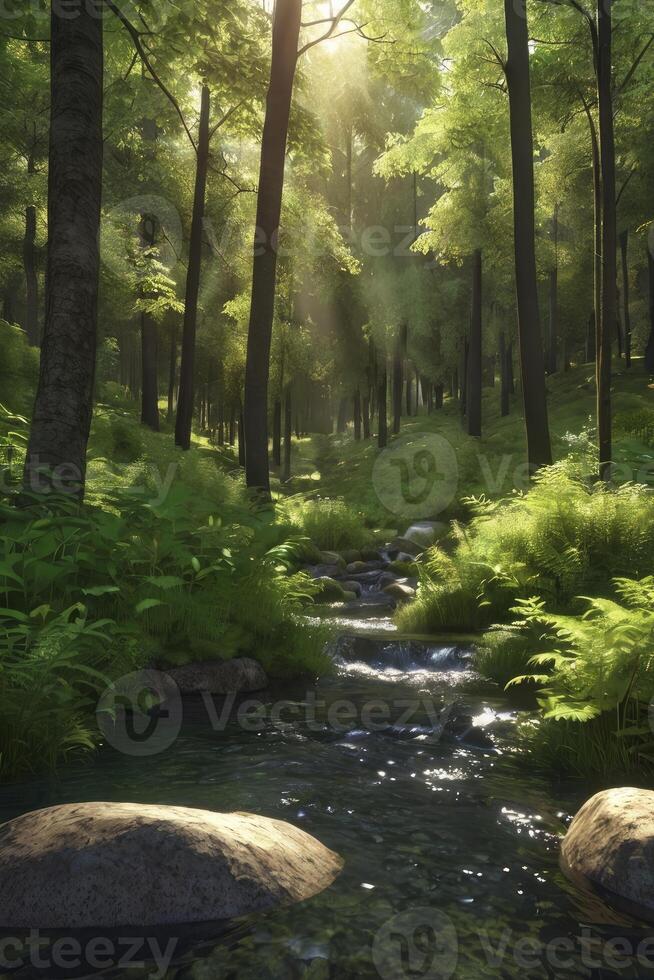 Flowing Stream Through a Lush Forest with Sunlight Streaming Through photo