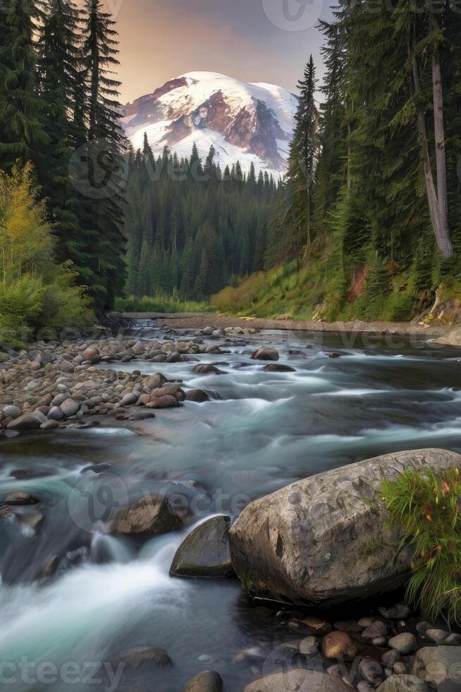 Flowing River with Snow Mountain View Surrounded by Evergreen Forest photo